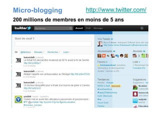 Micro-blogging http://www.twitter.com/
200 millions de membres en moins de 5 ans
 