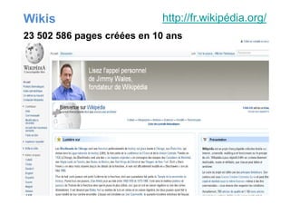 Wikis http://fr.wikipédia.org/
23 502 586 pages créées en 10 ans
 