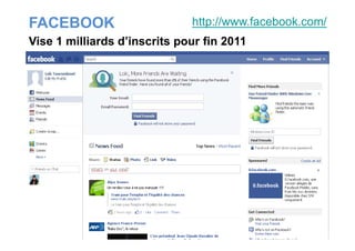 FACEBOOK http://www.facebook.com/
Vise 1 milliards d’inscrits pour fin 2011
 