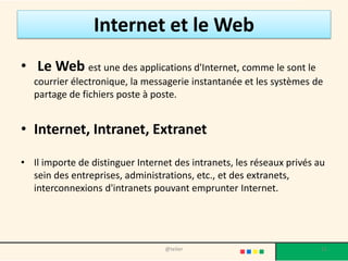 Internet et le Web
• Le Web est une des applications d'Internet, comme le sont le
   courrier électronique, la messagerie instantanée et les systèmes de
   partage de fichiers poste à poste.


• Internet, Intranet, Extranet

• Il importe de distinguer Internet des intranets, les réseaux privés au
  sein des entreprises, administrations, etc., et des extranets,
  interconnexions d'intranets pouvant emprunter Internet.




                                  @telier                              11
 