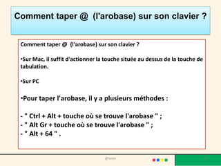 Comment taper @ (l'arobase) sur son clavier ?


 Comment taper @ (l'arobase) sur son clavier ?

 •Sur Mac, il suffit d'actionner la touche située au dessus de la touche de
 tabulation.

 •Sur PC

 •Pour taper l'arobase, il y a plusieurs méthodes :

 - " Ctrl + Alt + touche où se trouve l'arobase " ;
 - " Alt Gr + touche où se trouve l'arobase " ;
 - " Alt + 64 " .


                                   @telier                                    18
 
