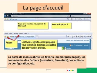 La page d’accueil




La barre de menus abrite les favoris (ou marques pages), les
commandes des fichiers (ouverture, fermeture), les options
de configuration, etc.

                             @telier                           46
 