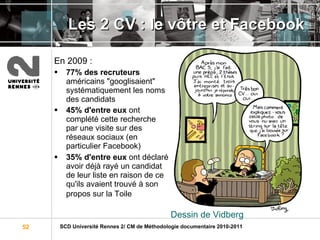 Les 2 CV : le vôtre et Facebook En 2009 : 77% des recruteurs  américains "googlisaient" systématiquement les noms des candidats  45% d'entre eux  ont complété cette recherche par une visite sur des réseaux sociaux (en particulier Facebook)  35% d'entre eux  ont déclaré avoir déjà rayé un candidat de leur liste en raison de ce qu'ils avaient trouvé à son propos sur la Toile   Dessin de  Vidberg 