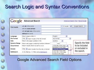 Search Logic and Syntax Conventions Google Advanced Search Field Options 