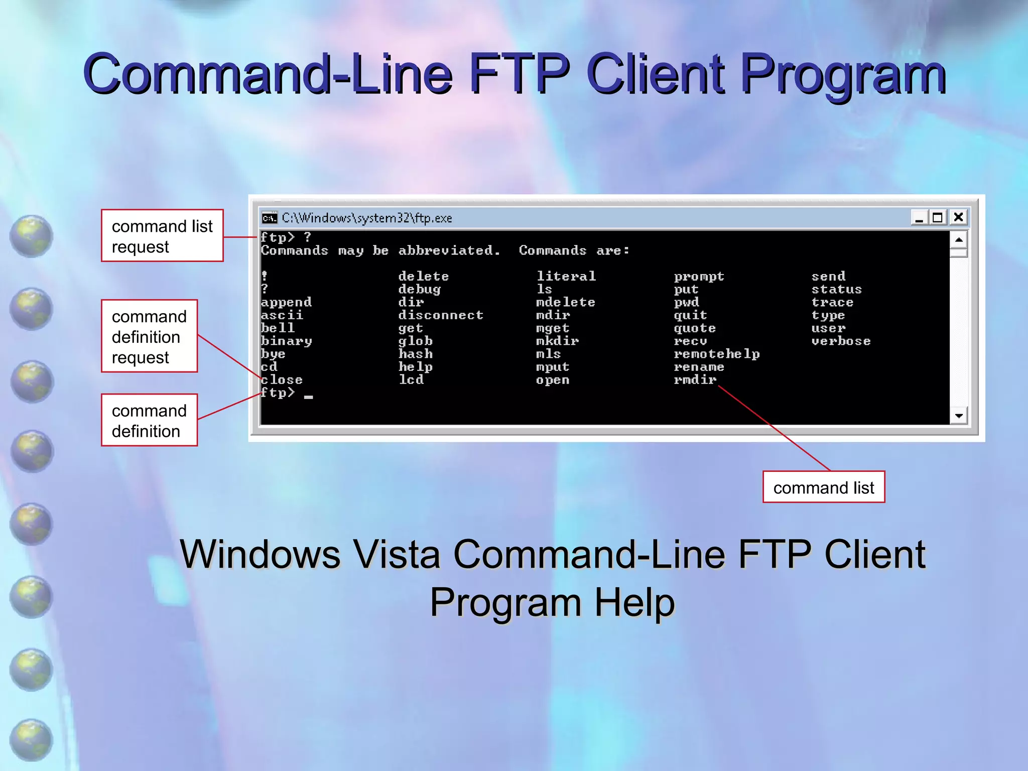 Command-Line FTP Client Program Windows Vista Command-Line FTP Client Program Help command list request command definition request command definition command list 