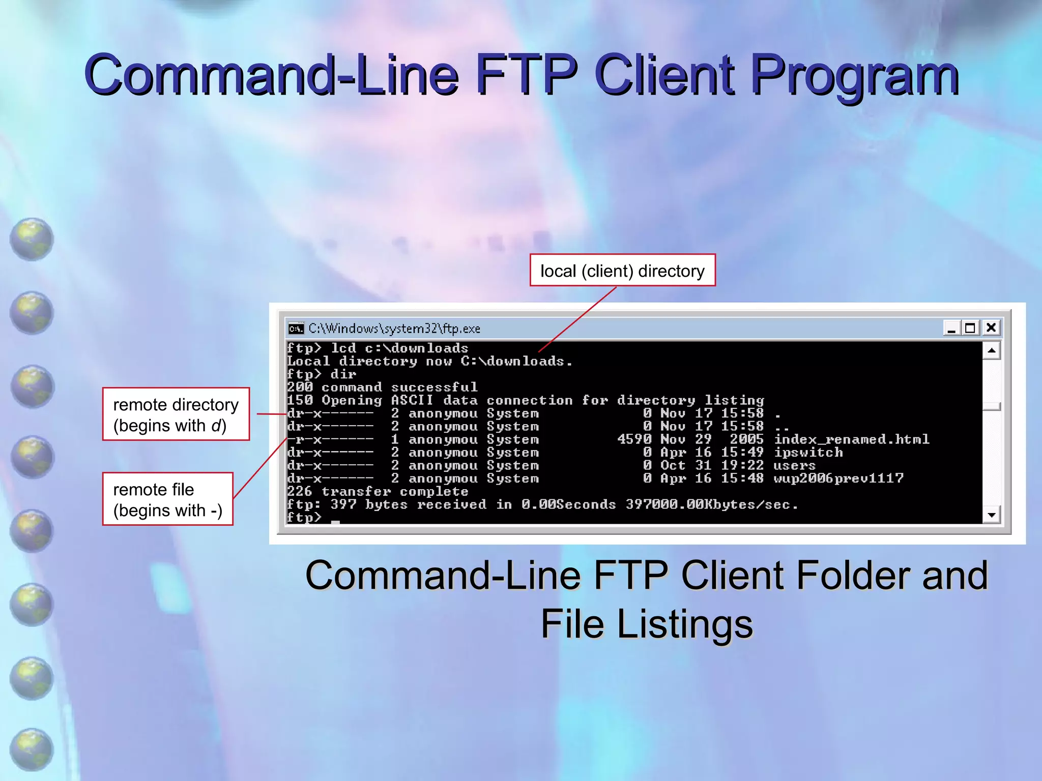 Command-Line FTP Client Program Command-Line FTP Client Folder and File Listings remote directory (begins with  d ) remote file (begins with -) local (client) directory 