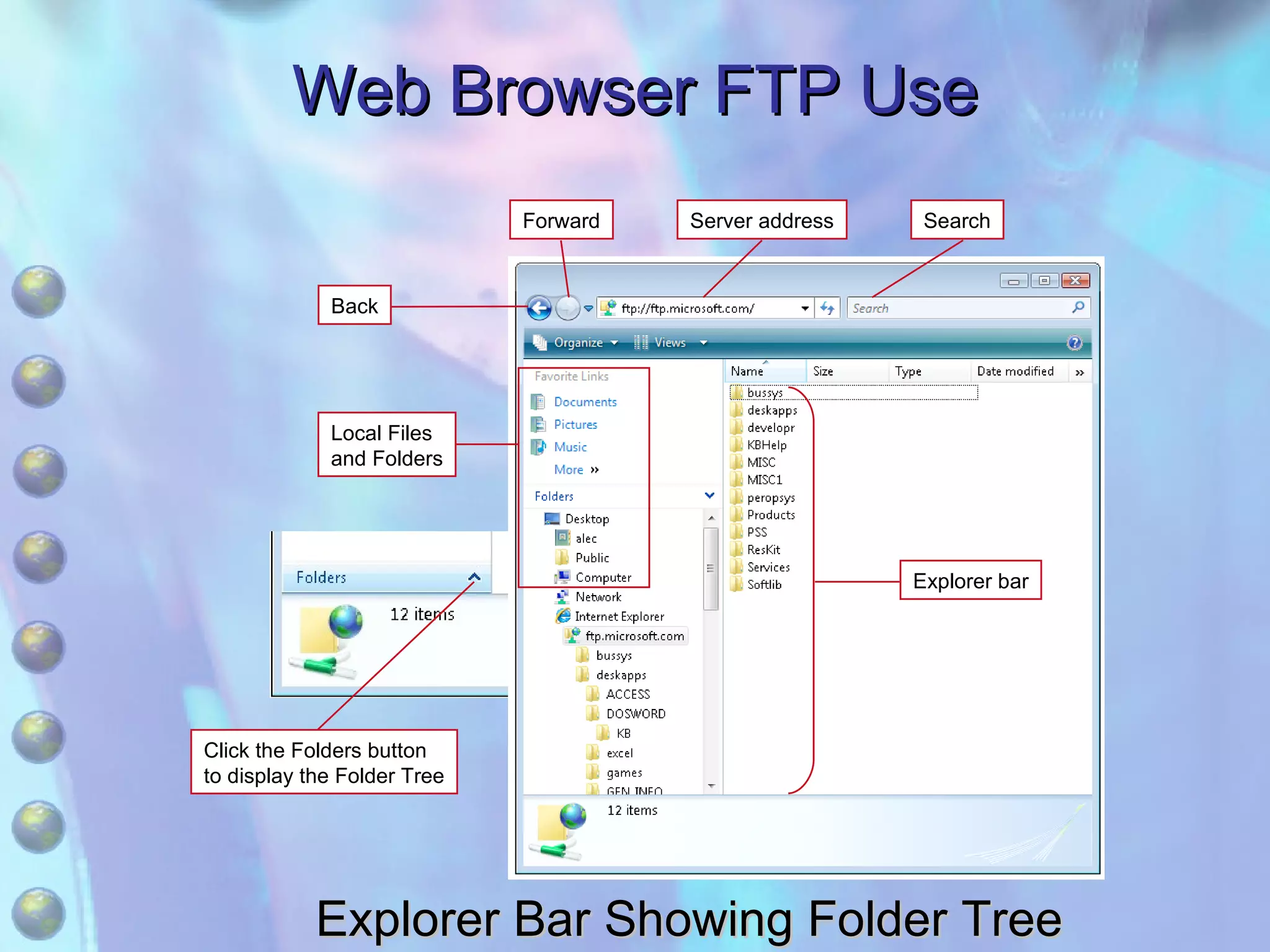 Web Browser FTP Use Explorer Bar Showing Folder Tree Forward Server address Search Back Local Files and Folders Click the Folders button to display the Folder Tree Explorer bar 