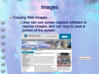 Images Copying Web Images User can use screen capture software to capture images, and can crop to save a portion of the screen cropped area 