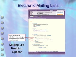 Electronic Mailing Lists Mailing List  Reading  Options Posts can arrive as individual e-mail messages, in a digest form, or viewed via a Web page. 