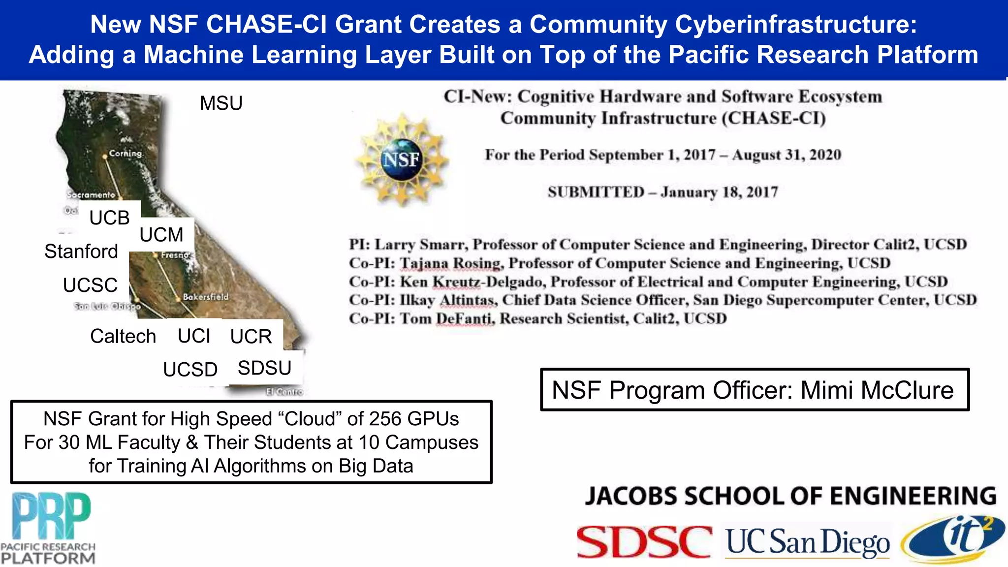 New NSF CHASE-CI Grant Creates a Community Cyberinfrastructure:
Adding a Machine Learning Layer Built on Top of the Pacific Research Platform
Caltech
UCB
UCI UCR
UCSD
UCSC
Stanford
MSU
UCM
SDSU
NSF Grant for High Speed “Cloud” of 256 GPUs
For 30 ML Faculty & Their Students at 10 Campuses
for Training AI Algorithms on Big Data
NSF Program Officer: Mimi McClure
 