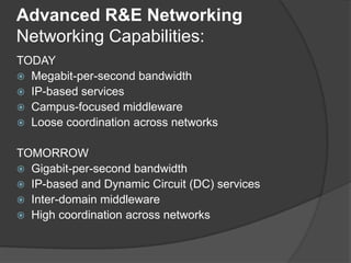 Advanced R&E NetworkingNetworking Capabilities: TODAY Megabit-per-second bandwidth IP-based services Campus-focused middleware Loose coordination across networks TOMORROW Gigabit-per-second bandwidth IP-based and Dynamic Circuit (DC) services Inter-domain middleware  High coordination across networks 