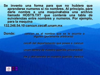 Se invento una forma para que no hubiera que aprenderse numeros si no nombres. Al principio, para darle nombre a una maquinahabia una archivo llamado HOSTS.TXT que contenia una tabla de euivalencias entre nombres y numeros. Por ejemplo, para la maquina  132.248.54.10 cancun.cecafi.unam.mx Donde:  cancun es el nombre que se le ocurrio a  alguien (puramente arbitrario) cecafi del departamento que posee a  cancun unam dentro de nuestra querida universidad mx y obviamnete en nuestro querido  mexico 