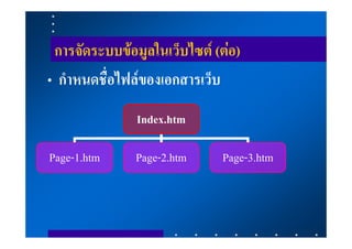 การจัดระบบขอมูลในเว็บไซต (ตอ)
• กําหนดชื่อไฟลของเอกสารเว็บ
               Index.htm

Page-1.htm     Page-2.htm    Page-3.htm
 