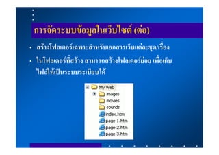 การจัดระบบขอมูลในเว็บไซต (ตอ)
• สรางโฟลเดอรเฉพาะสําหรับเอกสารเว็บแตละชุด/เรื่อง
• ในโฟลเดอรที่สราง สามารถสรางโฟลเดอรยอย เพื่อเก็บ
  ไฟลใหเปนระบบระเบียบได
 