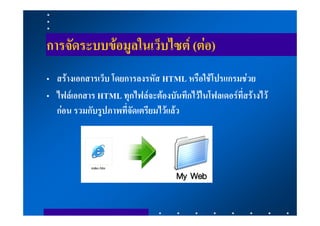 การจัดระบบขอมูลในเว็บไซต (ตอ)
• สรางเอกสารเว็บ โดยการลงรหัส HTML หรือใชโปรแกรมชวย
• ไฟลเอกสาร HTML ทุกไฟลจะตองบันทึกไวในโฟลเดอรที่สรางไว
  กอน รวมกับรูปภาพที่จัดเตรียมไวแลว
 