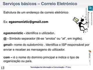 Agrupamento de Escolas 
Francisco de Holanda 
ESCOLA EB 2,3 EGAS MONIZ 
13 
Ex: egasmoniztic@gmail.com 
egasmoniztic - identifica o utilizador. 
@ - Símbolo separador (lê-se “arroba” ou “at”, em inglês). 
gmail– nome do subdomínio . Identifica o ISP responsável por enviar e receber as mensagens do utilizador. 
com – é o nome do domínio principal e indica o tipo de organização ou país. 
Estrutura de um endereço de correio eletrónico 
Serviços básicos – Correio Eletrónico  