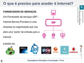Agrupamento de Escolas 
Francisco de Holanda 
ESCOLA EB 2,3 EGAS MONIZ 
8 
FORNECEDOR DE SERVIÇOS 
Um Fornecedor de serviços (ISP – Internet Service Provider) é uma empresa ou organização que nos abre uma “porta” de entrada para a Internet 
EXEMPLOS: 
O que é preciso para aceder à Internet?  