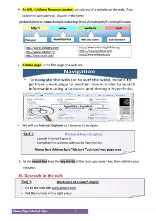 Pioneer Prep. School of Sfax 3
 An URL: (Uniform Resource Locator): an address of a website on the web. (Also
called the web address). Usually in the form:
protocol://server-name.domain-name.top-level-domain:port/directory/filename
http://www.kidsites.com
http://www.edunet.tn
http://www.nickjr.com/
http:// www.e-learningforkids.org
https://www.facebook.com
http://www.wikipedia.org
 A home page: is the first page of a web site.
- We will use Internet Explorer as a browser to navigate.
3. In the search box type the key words of the topic you search for; then validate your
research.
II- Research in the web
4.
Task 3: Workspace of a search engine
- Go to the web site www.google.com
- Put the number in the right place:
Task 2: Window of Internet explorer
- Launch Internet Explorer.
- Complete this schema with words from the list:
Menus bar/ Address bar/ Title bar/ Tools bar/ web page area
 