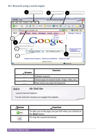 Pioneer Prep. School of Sfax 4
II.1- Research using a search engine
Button Function
To take you to the page you just left when you clicked on
the Back button.
To stop the current download.
Number
function
……. Validate research.
……. Choose type of research (web, image, video, etc.)
……. Place where you type the keywords.
………………………………..
………………………………..
4
4
………………………
………..
………………………
………..
5
5
Task 4: the Tools bar:
- Launch Internet Explorer.
- Try the tools bar’s buttons to navigate the website.
 
