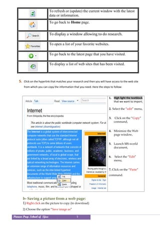 Pioneer Prep. School of Sfax 5
To refresh or (update) the current window with the latest
data or information.
To go back to Home page.
To display a window allowing to do research.
To open a list of your favorite websites.
To go back to the latest page that you have visited.
To display a list of web sites that has been visited.
5. Click on the hyperlink that matches your research and then you will have access to the web site
from which you can copy the information that you need. Here the steps to follow:
1. High light the textblock
that we want to import;
2. Select the “edit” menu,
3. Click on the “Copy”
command,
4. Minimize the Web
page window,
5. Launch MS-world
document,
6. Select the “Edit”
menu,
7. Click on the “Paste”
command.
b- Saving a picture from a web page:
1) Right click on the picture to copy (to download)
2) Choose the option “Save image as”
 