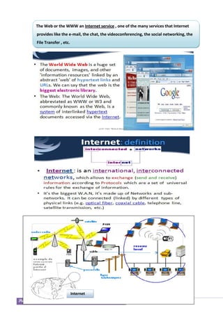 Pioneer Prep. School of Sfax 7
The Web or the WWW an Internet service , one of the many services that Internet
provides like the e-mail, the chat, the videoconferencing, the social networking, the
File Transfer , etc.
Internet
 