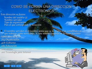 COMO SE FORMA UNA DIRECCION ELECTRONICA Esta dirección se forma: Nombre del usuario @ Nombre servidor Tipo de organización País al que corresponde la dirección El nombre servidor es el nombre único que se le asigna a las computadoras que trabajan como servidores. A este nombre también se le llama dominio. ABREVIATURAS  .org Organización  .gob Gobierno  .edu Educación  .mil Militar  .net Tecnología para Internet 