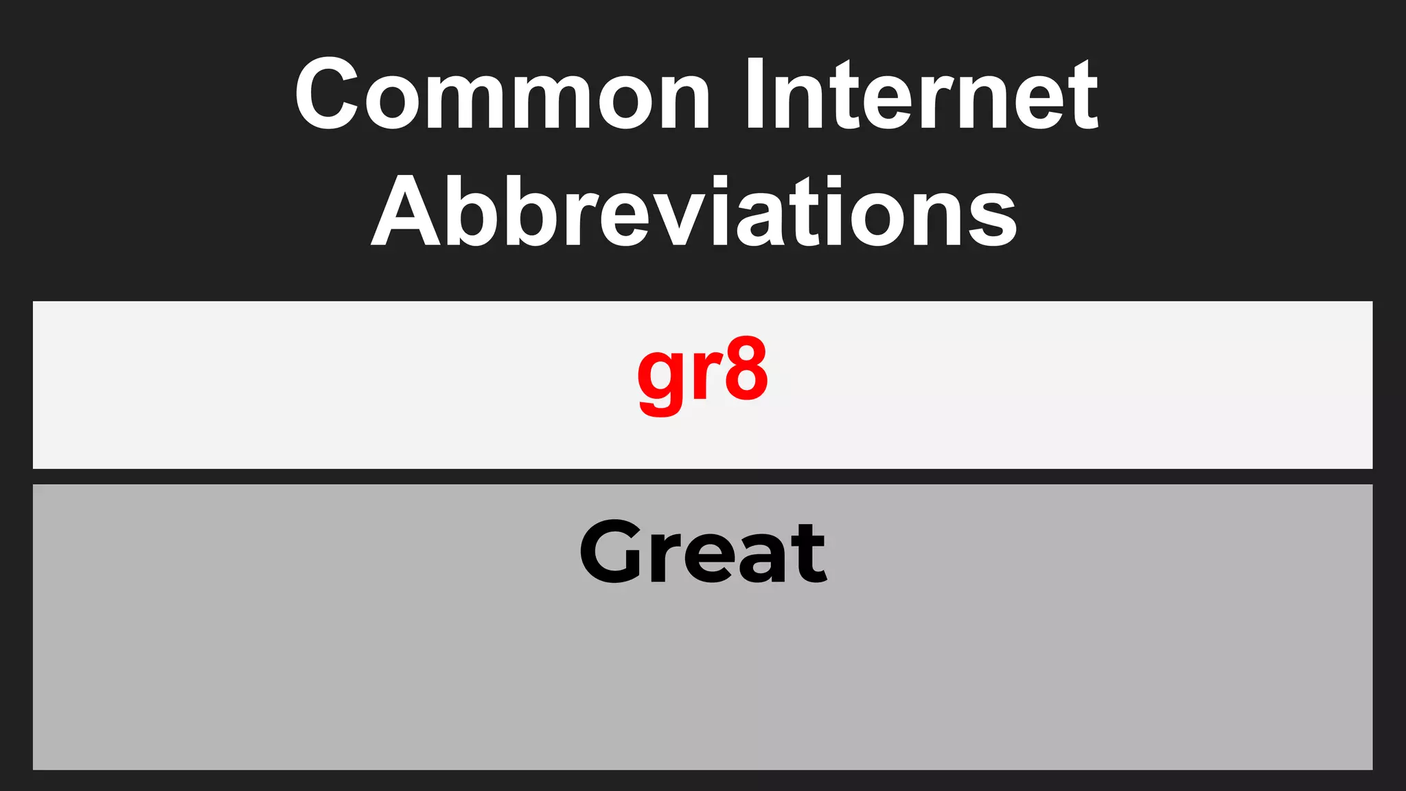 Common Internet
Abbreviations
gr8
Great
 