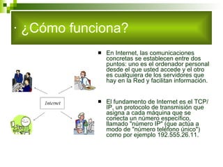 · ¿Cómo funciona? <ul><li>En Internet, las comunicaciones concretas se establecen entre dos puntos: uno es el ordenador pe...