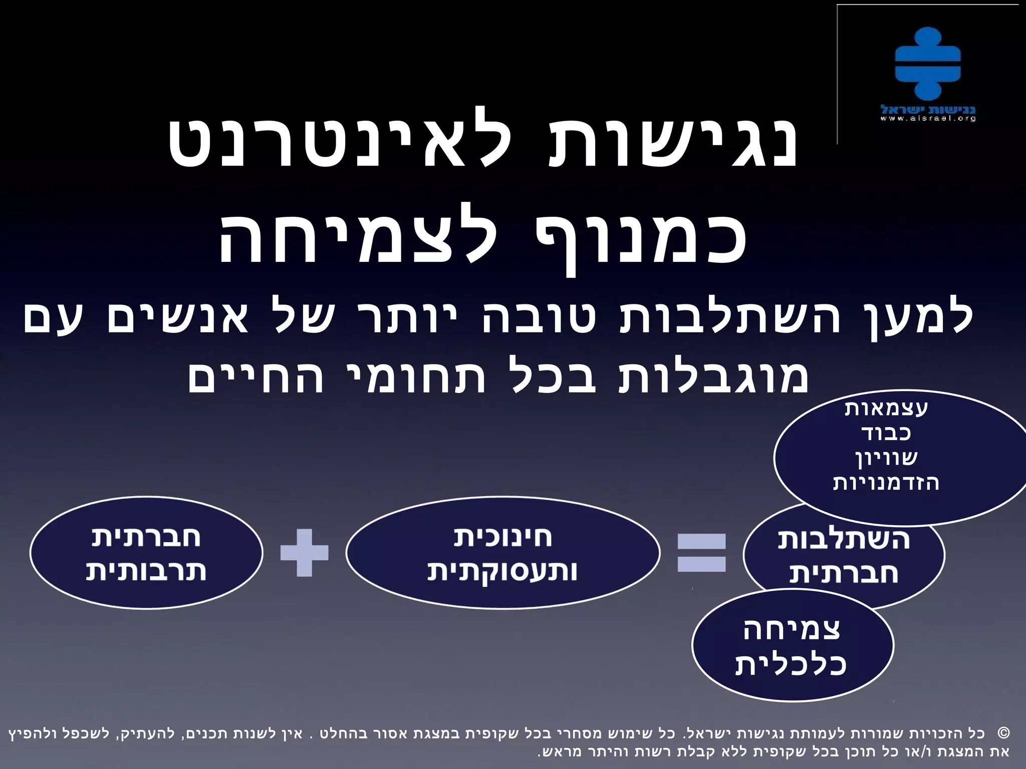 ‫לאינטרנט‬ ‫נגישות‬
‫לצמיחה‬ ‫כמנוף‬
‫עם‬ ‫אנשים‬ ‫של‬ ‫יותר‬ ‫טובה‬ ‫השתלבות‬ ‫למען‬
‫החיים‬ ‫תחומי‬ ‫בכל‬ ‫מוגבלות‬ ‫עצמאות‬
‫כבוד‬
‫שוויון‬
‫הזדמנויות‬
‫צמיחה‬
‫כלכלית‬
, , . . ©‫ולהפיץ‬ ‫לשכפל‬ ‫להעתיק‬ ‫תכנים‬ ‫לשנות‬ ‫אין‬ ‫בהחלט‬ ‫אסור‬ ‫במצגת‬ ‫שקופית‬ ‫בכל‬ ‫מסחרי‬ ‫שימוש‬ ‫כל‬ ‫ישראל‬ ‫נגישות‬ ‫לעמותת‬ ‫שמורות‬ ‫הזכויות‬ ‫כל‬  
. /‫מראש‬ ‫והיתר‬ ‫רשות‬ ‫קבלת‬ ‫ללא‬ ‫שקופית‬ ‫בכל‬ ‫תוכן‬ ‫כל‬ ‫או‬ ‫ו‬ ‫המצגת‬ ‫את‬
 