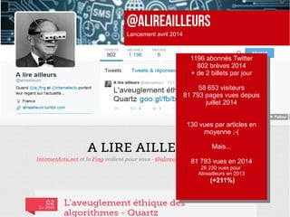 @ALIREAILLEURS
Lancement avril 2014
1196 abonnés Twitter
802 brèves 2014
+ de 2 billets par jour
58 653 visiteurs
81 793 pages vues depuis
juillet 2014
130 vues par articles en
moyenne ;-(
Mais...
81 793 vues en 2014
26 230 vues pour
Alireailleurs en 2013
(+211%)
1196 abonnés Twitter
802 brèves 2014
+ de 2 billets par jour
58 653 visiteurs
81 793 pages vues depuis
juillet 2014
130 vues par articles en
moyenne ;-(
Mais...
81 793 vues en 2014
26 230 vues pour
Alireailleurs en 2013
(+211%)
 