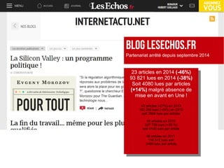 BLOG LESECHOS.FR
Partenariat arrêté depuis septembre 2014
23 articles en 2014 (-46%)
93 821 lues en 2014 (-38%)
Soit 4080 lues par articles
(+14%) malgré absence de
mise en avant en Une !
43 articles (-27%) en 2013
153 256 lues (-43%) en 2013
soit 3564 lues par articles
55 articles en 2012
227 726 lues (+50 %)
soit 4140 lues par article
48 articles en 2011
118 512 lues soit
2469 lues par article.
23 articles en 2014 (-46%)
93 821 lues en 2014 (-38%)
Soit 4080 lues par articles
(+14%) malgré absence de
mise en avant en Une !
43 articles (-27%) en 2013
153 256 lues (-43%) en 2013
soit 3564 lues par articles
55 articles en 2012
227 726 lues (+50 %)
soit 4140 lues par article
48 articles en 2011
118 512 lues soit
2469 lues par article.
 
