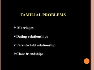 FAMILIAL PROBLEMS Marriages Dating relationships Parent-child relationship Close friendships 