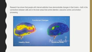 Research has shown that people with internet addiction have demonstrable changes in their brains – both in the
connections between cells and in the brain areas that control attention, executive control, and emotion
processing.
 