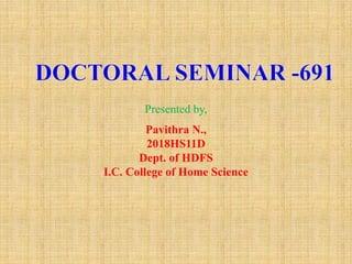 Presented by,
Pavithra N.,
2018HS11D
Dept. of HDFS
I.C. College of Home Science
 