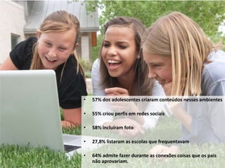 • 57% dos adolescentes criaram conteúdos nesses ambientes
• 55% criou perfis em redes sociais
• 58% incluíram foto
• 27,8% listaram as escolas que frequentavam
• 64% admite fazer durante as conexões coisas que os pais
não aprovariam.
 