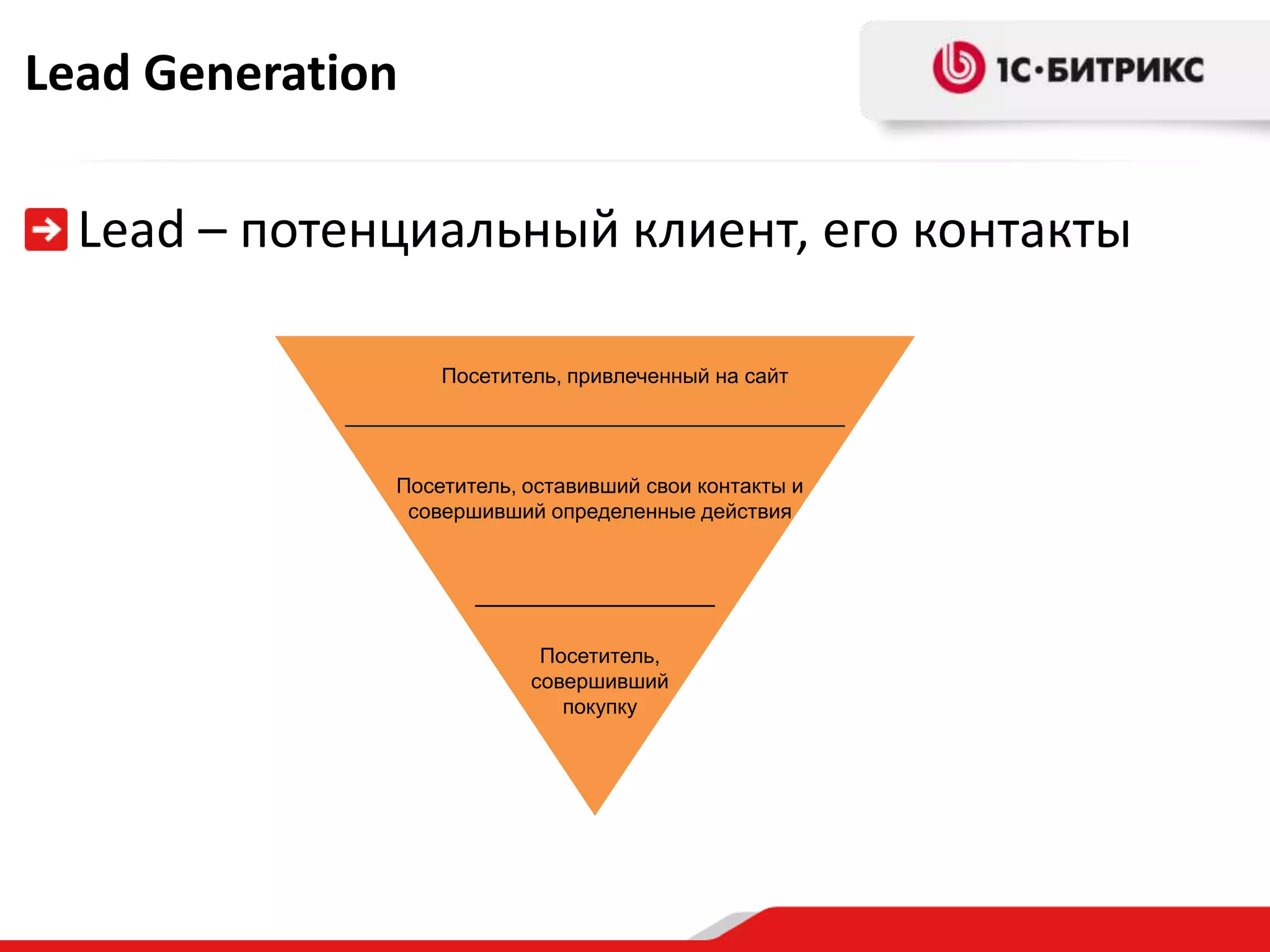 Lead GenerationLead – потенциальный клиент, его контактыПосетитель, привлеченный на сайтПосетитель, оставивший свои контакты и совершивший определенные действияПосетитель,совершившийпокупку