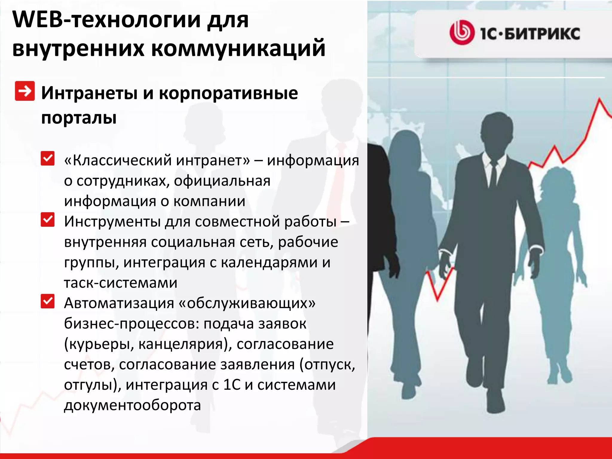 WEB-технологии для внутренних коммуникацийИнтранеты и корпоративные порталы«Классический интранет» – информация о сотрудниках, официальная информация о компанииИнструменты для совместной работы – внутренняя социальная сеть, рабочие группы, интеграция с календарями и таск-системамиАвтоматизация «обслуживающих» бизнес-процессов: подача заявок (курьеры, канцелярия), согласование счетов, согласование заявления (отпуск, отгулы), интеграция с 1С и системами документооборота