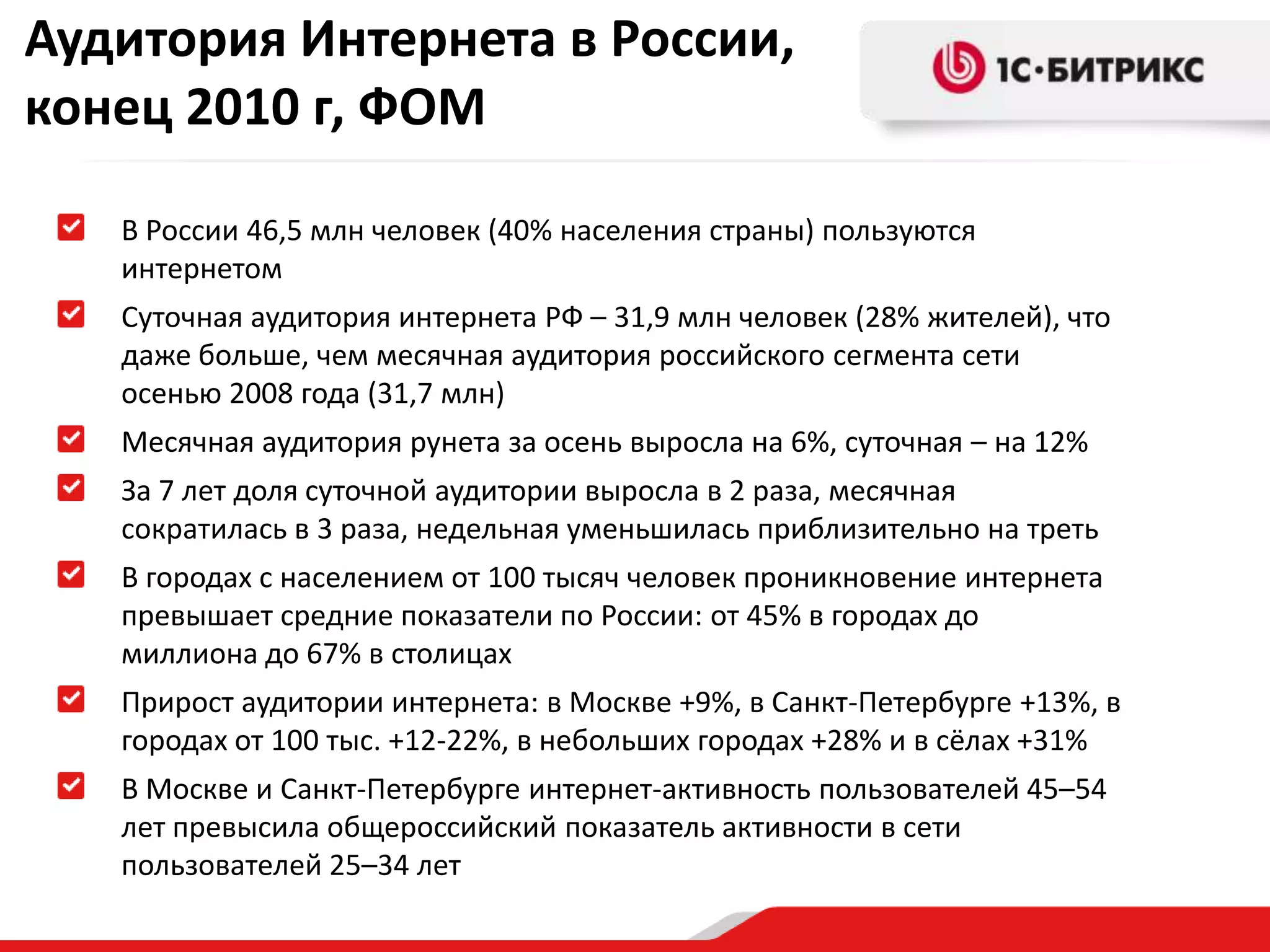 Аудитория Интернета в России, конец 2010 г, ФОМВ России 46,5 млн человек (40% населения страны) пользуются интернетомСуточная аудитория интернета РФ – 31,9 млн человек (28% жителей), что даже больше, чем месячная аудитория российского сегмента сети осенью 2008 года (31,7 млн)Месячная аудитория рунета за осень выросла на 6%, суточная – на 12%За 7 лет доля суточной аудитории выросла в 2 раза, месячная сократилась в 3 раза, недельная уменьшилась приблизительно на третьВ городах с населением от 100 тысяч человек проникновение интернета превышает средние показатели по России: от 45% в городах до миллиона до 67% в столицахПрирост аудитории интернета: в Москве +9%, в Санкт-Петербурге +13%, в городах от 100 тыс. +12-22%, в небольших городах +28% и в сёлах +31%В Москве и Санкт-Петербурге интернет-активность пользователей 45–54 лет превысила общероссийский показатель активности в сети пользователей 25–34 лет