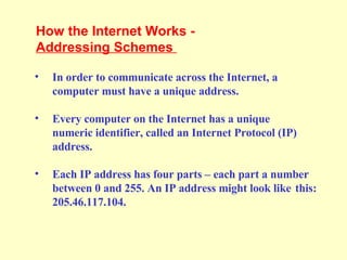 In order to communicate across the Internet, a  computer must have a unique address. Every computer on the Internet has a unique  numeric identifier, called an Internet Protocol (IP)  address. Each IP address has four parts – each part a number  between 0 and 255. An IP address might look like  this: 205.46.117.104. How the Internet Works -  Addressing Schemes  
