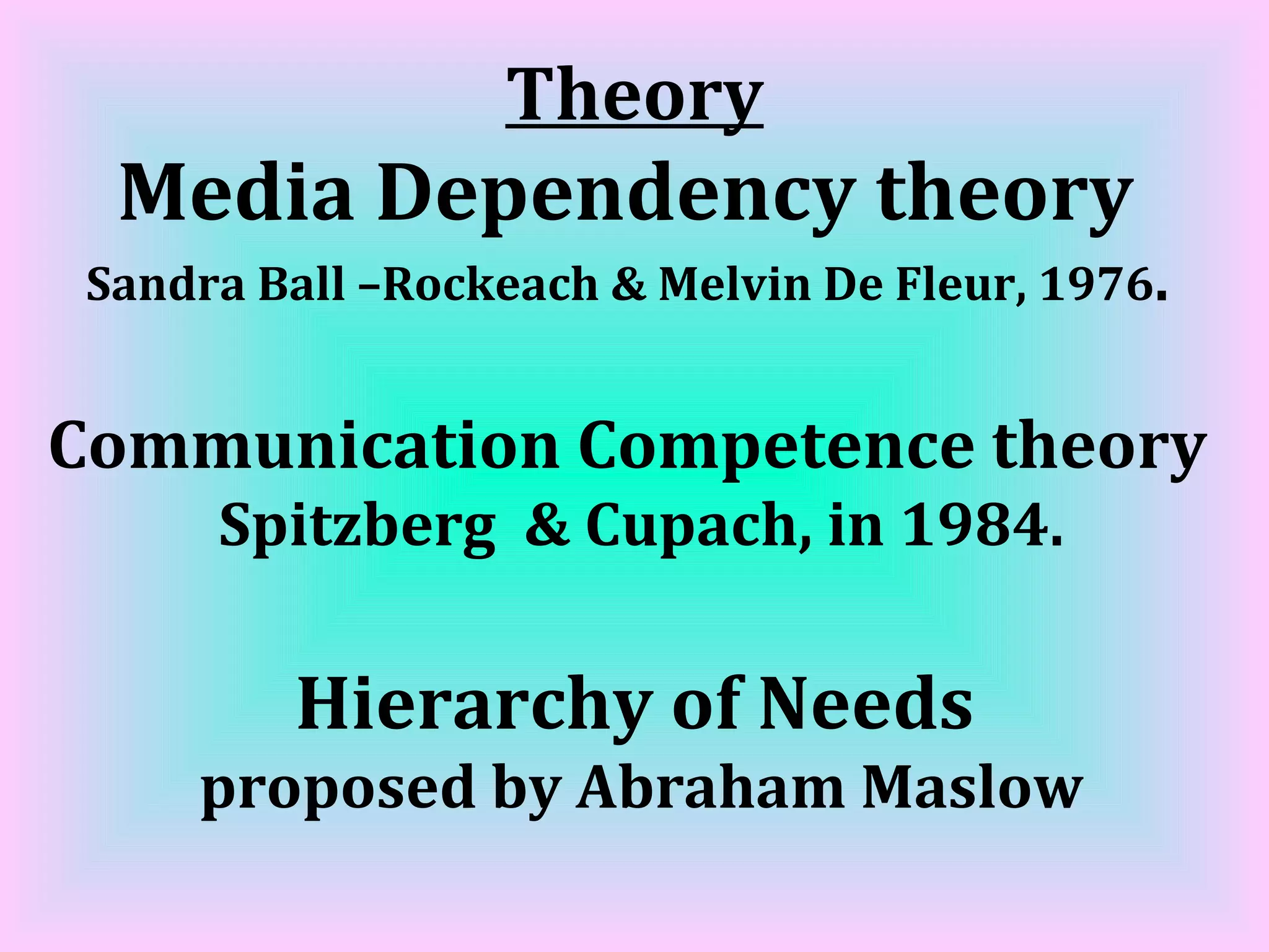 Theory Media Dependency theory  Sandra Ball –Rockeach & Melvin De Fleur, 1976 .  Communication Competence theory  Spitzberg  & Cupach, in 1984.  Hierarchy of Needs proposed by Abraham Maslow 