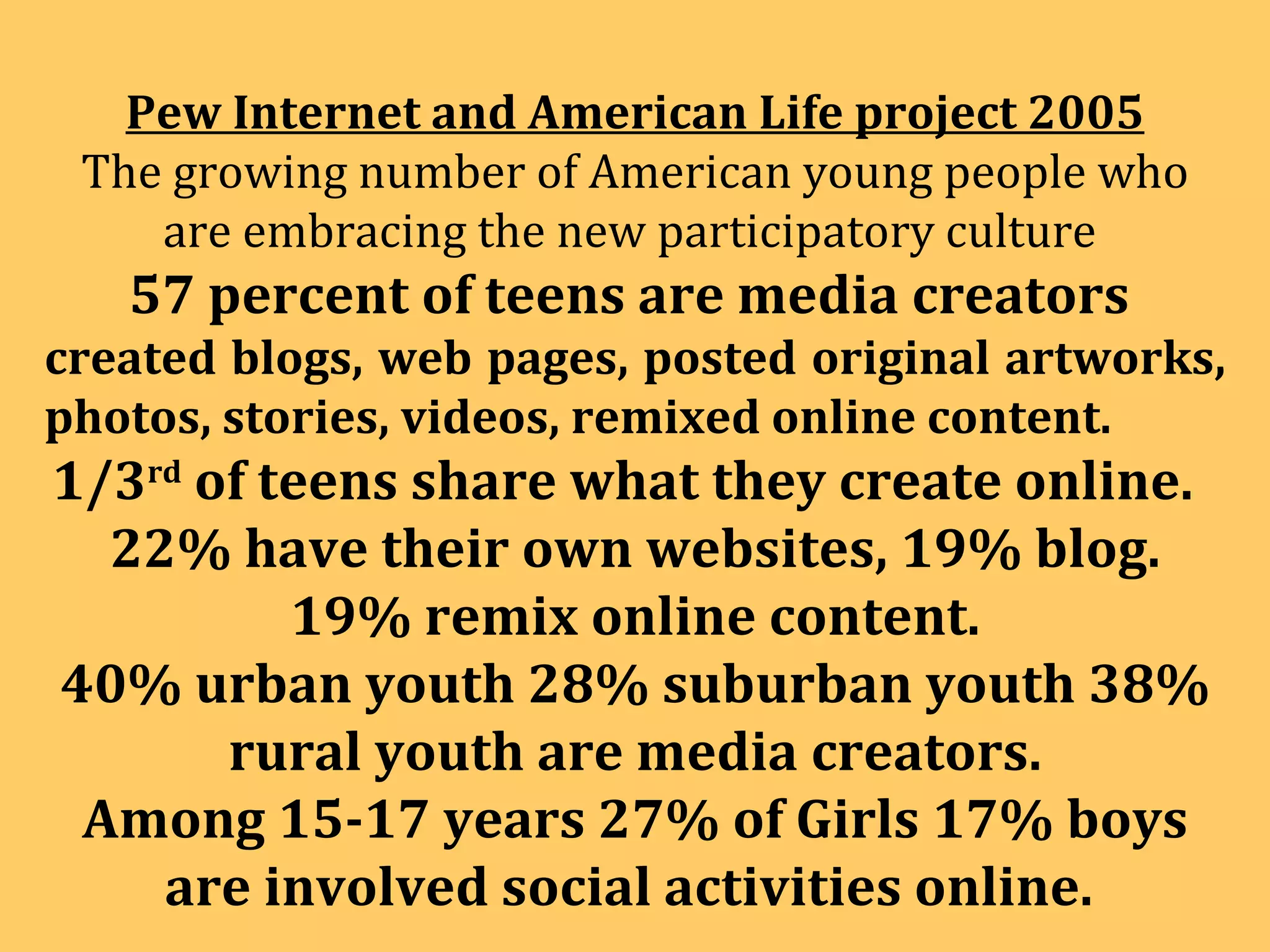 Pew Internet and American Life project 2005 The growing number of American young people who are embracing the new participatory culture  57 percent of teens are media creators  created blogs, web pages, posted original artworks, photos, stories, videos, remixed online content.   1/3 rd  of teens share what they create online.  22% have their own websites, 19% blog. 19% remix online content. 40% urban youth 28% suburban youth 38% rural youth are media creators. Among 15-17 years 27% of Girls 17% boys are involved social activities online.  