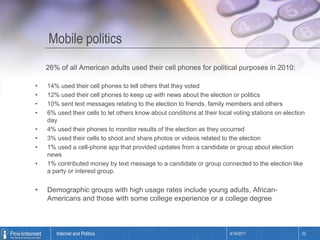 Mobile politics26% of all American adults used their cell phones for political purposes in 2010:14% used their cell phones to tell others that they voted12% used their cell phones to keep up with news about the election or politics10% sent text messages relating to the election to friends, family members and others6% used their cells to let others know about conditions at their local voting stations on election day4% used their phones to monitor results of the election as they occurred3% used their cells to shoot and share photos or videos related to the election1% used a cell-phone app that provided updates from a candidate or group about election news1% contributed money by text message to a candidate or group connected to the election like a party or interest group.Demographic groups with high usage rates include young adults, African-Americans and those with some college experience or a college degree4/14/201122Internet and Politics