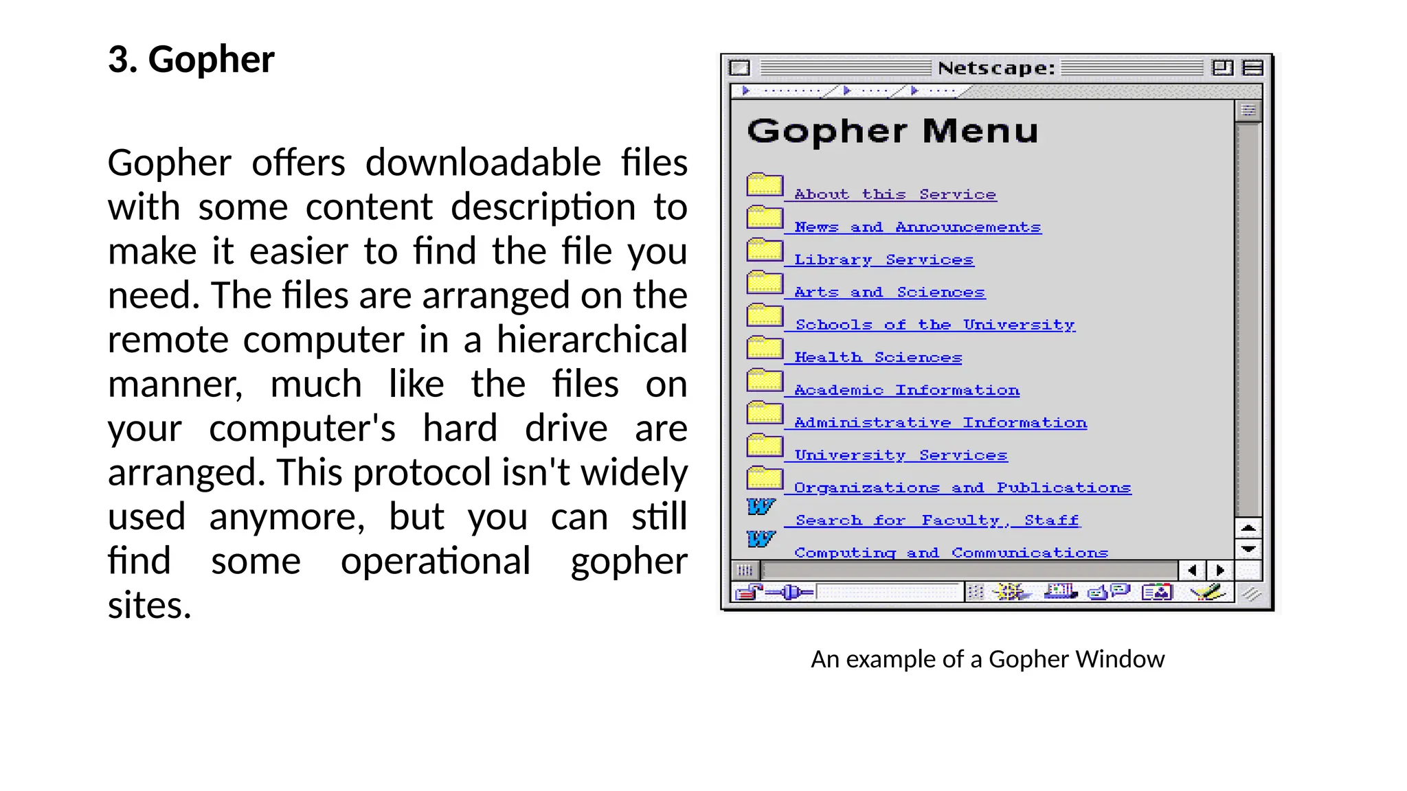 3. Gopher
Gopher offers downloadable files
with some content description to
make it easier to find the file you
need. The files are arranged on the
remote computer in a hierarchical
manner, much like the files on
your computer's hard drive are
arranged. This protocol isn't widely
used anymore, but you can still
find some operational gopher
sites.
An example of a Gopher Window
 