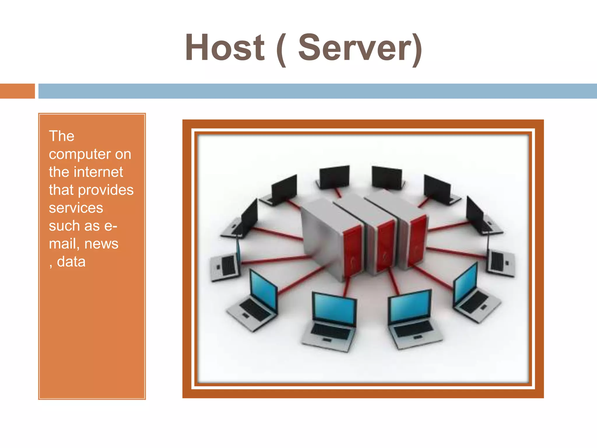 Host ( Server)The computer on the internet that provides services such as e-mail, news , data