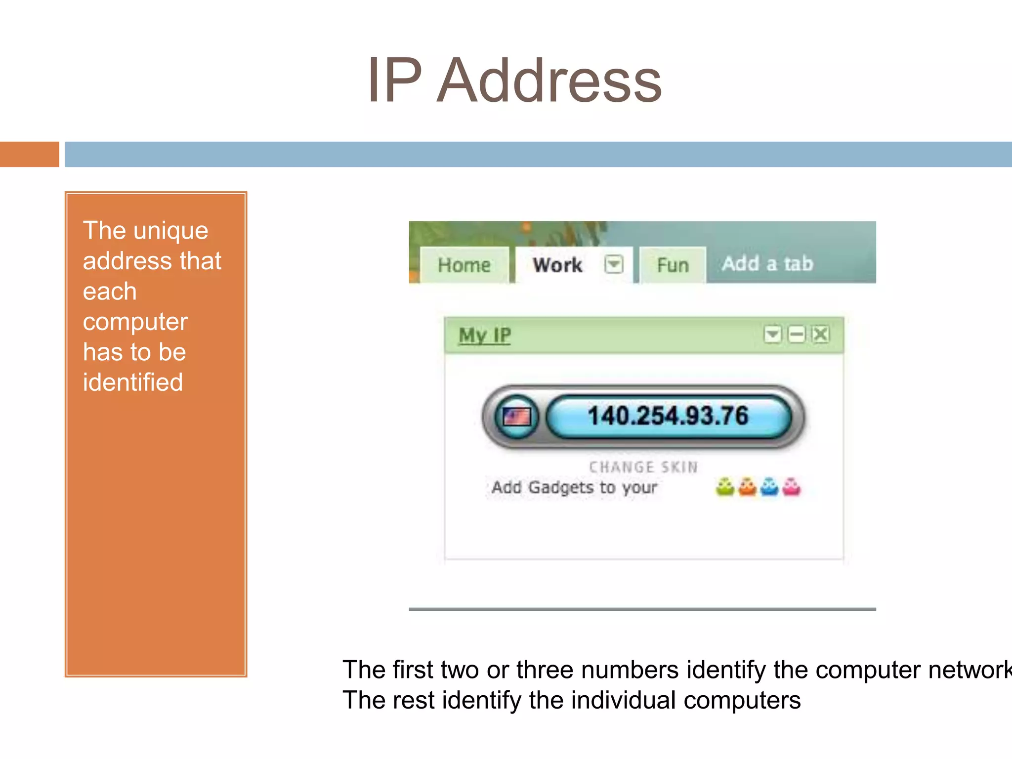 IP AddressThe unique address that each computer has to be identified The first two or three numbers identify the computer networkThe rest identify the individual computers