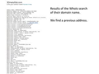 Results of the WhoIs search 
of their domain name. 
We find a previous address. 
 