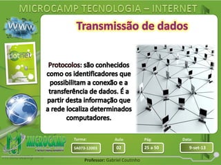 Aula: Pág: Data:
02 25 a 50 9-set-13SA073-12003
Turma:
Professor: Gabriel Coutinho
 