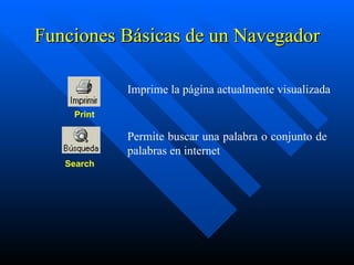 Funciones Básicas de un Navegador

            Imprime la página actualmente visualizada

    Print

            Permite buscar una palabra o conjunto de
            palabras en internet
   Search
 