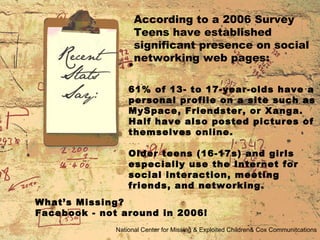 61% of 13- to 17-year-olds have a personal profile on a site such as MySpace, Friendster, or Xanga. Half have also posted pictures of themselves online. Older teens (16-17s) and girls especially use the Internet for social interaction, meeting friends, and networking. National Center for Missing & Exploited Children& Cox Communitcations According to a 2006 Survey Teens have established significant presence on social networking web pages: What’s Missing?  Facebook - not around in 2006! 