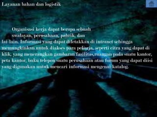 Layanan bahan dan logistik



      Organisasi kerja dapat berupa sebuah
      swalayan, perusahaan, pabrik, dan
lai-lain. Informasi yang dapat diletakkan di intranet sehingga
memungkinkan untuk diakses para pekerja, seperti citra yang dapat di
klik, yang menerangkan gambaran fasilitas,ruangan pada suatu kantor,
peta kantor, buku telepon suatu perusahaan atau forum yang dapat diisi
yang digunakan untuk mencari informasi mengenai katalog.
 